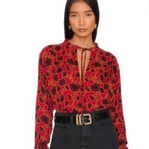 Free People | Red Floral Tie-Neck Blouse | S